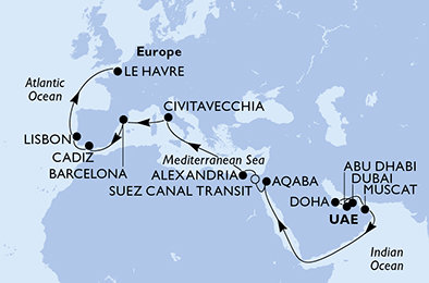 Spojené arabské emiráty, Katar, Omán, Jordánsko, Egypt, Itálie, Španělsko, Portugalsko, Francie z Dubaje na lodi MSC Euribia