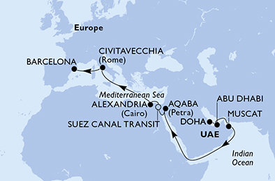 Katar, Spojené arabské emiráty, Omán, Jordánsko, Egypt, Itálie, Španělsko z Dohy na lodi MSC Euribia