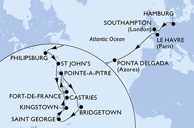 Německo, Velká Británie, Francie, Portugalsko, Svatý Martin, Antigua a Barbuda, Martinik, Guadeloupe, Barbados, Grenada, Svatý Vincenc a Grenadiny, Svatá Lucie z Hamburku na lodi MSC Virtuosa