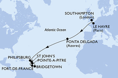 Velká Británie, Francie, Portugalsko, Svatý Martin, Antigua a Barbuda, Martinik, Guadeloupe, Barbados ze Southamptonu na lodi MSC Virtuosa