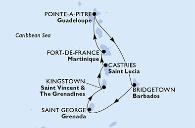 Guadeloupe, Barbados, Grenada, Svatý Vincenc a Grenadiny, Svatá Lucie, Martinik z Pointe-à-Pitre, Guadeloupe na lodi MSC Virtuosa