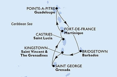 Martinik, Guadeloupe, Barbados, Svatý Vincenc a Grenadiny, Grenada, Svatá Lucie z Fort-de-France, Martinik na lodi MSC Virtuosa