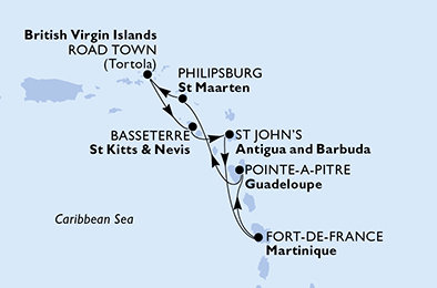 Guadeloupe, Svatý Martin, Britské Panenské ostrovy, Svatý Kryštof a Nevis, Antigua a Barbuda, Martinik z Pointe-à-Pitre, Guadeloupe na lodi MSC Virtuosa