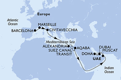 Španělsko, Francie, Itálie, Egypt, Jordánsko, Omán, Katar, Spojené arabské emiráty z Barcelony na lodi MSC Euribia