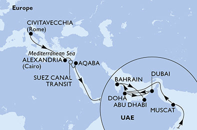 Itálie, Egypt, Jordánsko, Omán, Katar, Spojené arabské emiráty, Bahrajn z Civitavecchia na lodi MSC Euribia