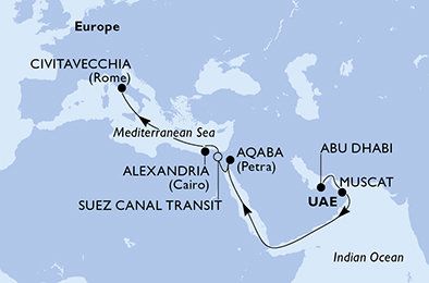 Spojené arabské emiráty, Omán, Jordánsko, Egypt, Itálie z Abu Dhabi na lodi MSC Euribia