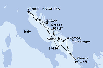 Itálie, Chorvatsko, Řecko, Černá Hora z Benátek na lodi MSC Opera