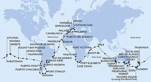 Itálie, Francie, Španělsko, Maroko, Kapverdy, Brazílie, Argentina, Zámořské území Velké Británie, Chile, Francouzská Polynésie, Cookovy ostrovy, Nový Zéland, Austrálie, Maledivy, Seychely, Madagaskar, Jihoafrická republika, Namibie, Senegal z Civitavecchia na lodi MSC Magnifica