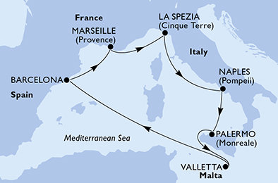 Itálie, Malta, Španělsko, Francie z Palerma na lodi MSC Magnifica