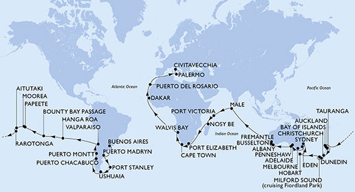 Argentina, Zámořské území Velké Británie, Chile, Francouzská Polynésie, Cookovy ostrovy, Nový Zéland, Austrálie, Maledivy, Seychely, Madagaskar, Jihoafrická republika, Namibie, Senegal, Španělsko, Itálie z Buenos Aires na lodi MSC Magnifica