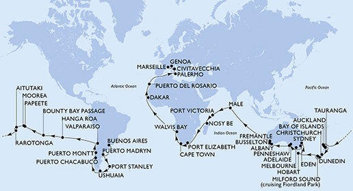 Argentina, Zámořské území Velké Británie, Chile, Francouzská Polynésie, Cookovy ostrovy, Nový Zéland, Austrálie, Maledivy, Seychely, Madagaskar, Jihoafrická republika, Namibie, Senegal, Španělsko, Itálie, Francie z Buenos Aires na lodi MSC Magnifica