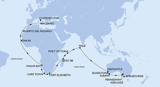 Austrálie, Maledivy, Seychely, Madagaskar, Jihoafrická republika, Namibie, Senegal, Španělsko, Itálie z Melbournu na lodi MSC Magnifica