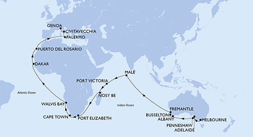 Austrálie, Maledivy, Seychely, Madagaskar, Jihoafrická republika, Namibie, Senegal, Španělsko, Itálie z Melbournu na lodi MSC Magnifica