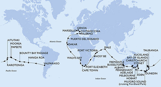 Chile, Zámořské území Velké Británie, Francouzská Polynésie, Cookovy ostrovy, Nový Zéland, Austrálie, Maledivy, Seychely, Madagaskar, Jihoafrická republika, Namibie, Senegal, Španělsko, Itálie, Francie z Valparaisa na lodi MSC Magnifica