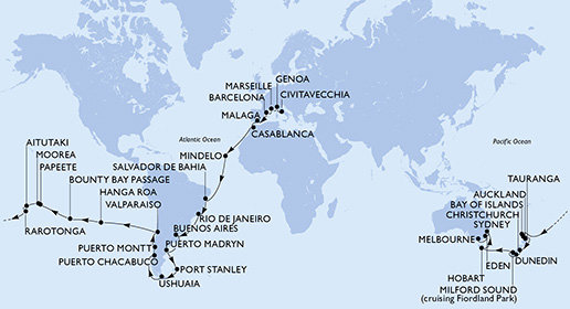 Itálie, Francie, Španělsko, Maroko, Kapverdy, Brazílie, Argentina, Zámořské území Velké Británie, Chile, Francouzská Polynésie, Cookovy ostrovy, Nový Zéland, Austrálie z Civitavecchia na lodi MSC Magnifica