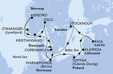 Německo, Polsko, Litva, Lotyšsko, Švédsko, Dánsko, Norsko z Warnemünde na lodi MSC Poesia