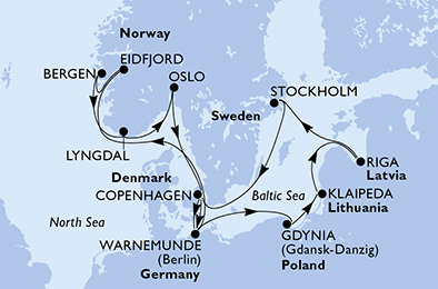 Německo, Norsko, Dánsko, Polsko, Litva, Lotyšsko, Švédsko z Warnemünde na lodi MSC Poesia