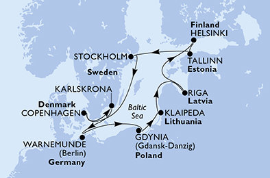 Německo, Polsko, Litva, Lotyšsko, Finsko, Estonsko, Švédsko, Dánsko z Warnemünde na lodi MSC Magnifica