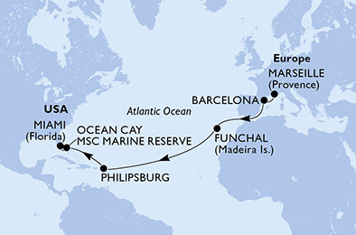 Francie, Španělsko, Portugalsko, Svatý Martin, Bahamy, USA z Marseille na lodi MSC Poesia