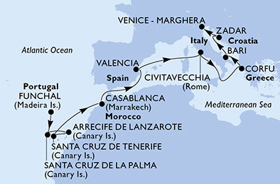 Portugalsko, Španělsko, Maroko, Itálie, Řecko, Chorvatsko z Funchalu na lodi MSC Opera
