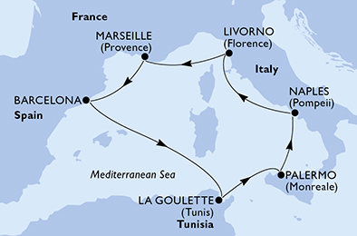 Itálie, Francie, Španělsko, Tunisko z Livorna na lodi MSC Meraviglia