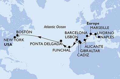 Itálie, Francie, Španělsko, Velká Británie, Portugalsko, USA z Neapole na lodi MSC Meraviglia