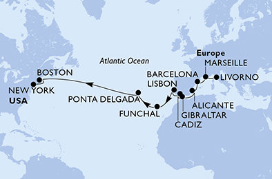 Itálie, Francie, Španělsko, Velká Británie, Portugalsko, USA z Livorna na lodi MSC Meraviglia