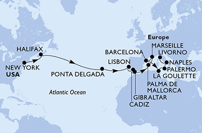 USA, Kanada, Portugalsko, Španělsko, Velká Británie, Francie, Tunisko, Itálie z New Yorku na lodi MSC Meraviglia