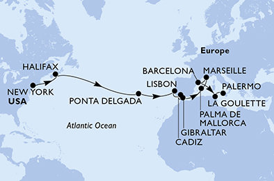 USA, Kanada, Portugalsko, Španělsko, Velká Británie, Francie, Tunisko, Itálie z New Yorku na lodi MSC Meraviglia