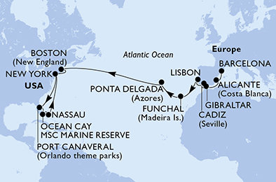 Španělsko, Velká Británie, Portugalsko, USA, Bahamy z Barcelony na lodi MSC Meraviglia