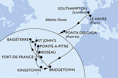 Velká Británie, Francie, Portugalsko, Barbados, Svatý Kryštof a Nevis, Antigua a Barbuda, Dominika, Martinik, Guadeloupe, Svatý Vincenc a Grenadiny ze Southamptonu na lodi MSC Virtuosa