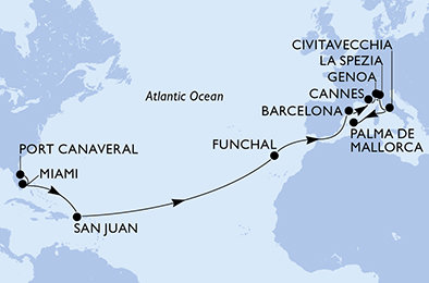 USA, Portugalsko, Španělsko, Francie, Itálie z Port Canaveralu na lodi MSC Grandiosa