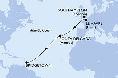 Velká Británie, Francie, Portugalsko, Barbados ze Southamptonu na lodi MSC Virtuosa