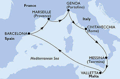 Francie, Itálie, Malta, Španělsko z Marseille na lodi MSC World Asia