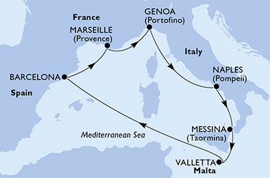 Malta, Španělsko, Francie, Itálie z Valletty na lodi MSC World Asia