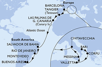 Itálie, Řecko, Malta, Španělsko, Maroko, Brazílie, Uruguay, Argentina z Bari na lodi MSC Fantasia