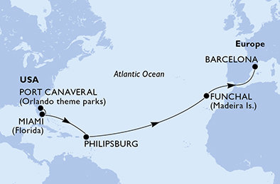 USA, Svatý Martin, Portugalsko, Španělsko z Port Canaveralu na lodi MSC Grandiosa