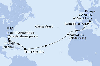 USA, Svatý Martin, Portugalsko, Španělsko, Francie z Port Canaveralu na lodi MSC Grandiosa