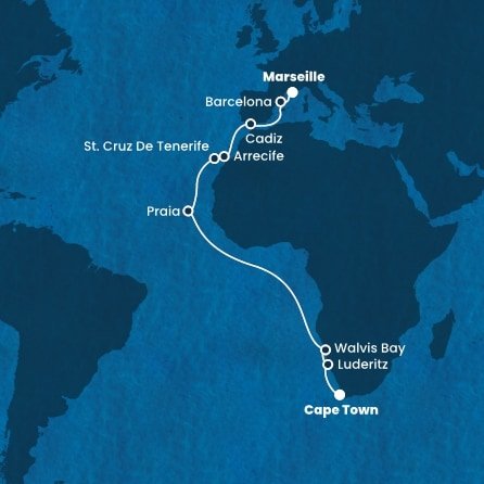 Jihoafrická republika, Namibie, Kapverdy, Španělsko, Francie z Kapského Města na lodi Costa Deliziosa