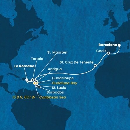 Dominikánská republika, Svatá Lucie, Barbados, Guadeloupe, Zámořské společenství Francie, Antigua a Barbuda, Britské Panenské ostrovy, Svatý Martin, Španělsko z La Romany na lodi Costa Fascinosa