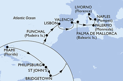 USA, Svatý Martin, Antigua a Barbuda, Barbados, Portugalsko, Španělsko, Itálie z Miami na lodi MSC Seaside