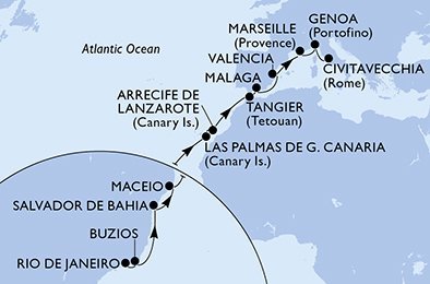 Brazílie, Španělsko, Maroko, Francie, Itálie z Rio de Janeira na lodi MSC Grandiosa