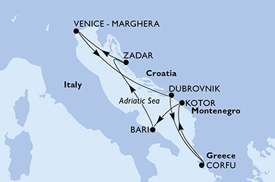 Itálie, Chorvatsko, Řecko, Černá Hora z Benátek na lodi MSC Opera