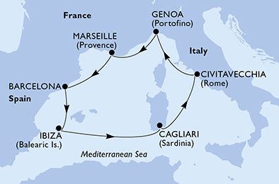 Itálie, Francie, Španělsko z Civitavecchia na lodi MSC Orchestra