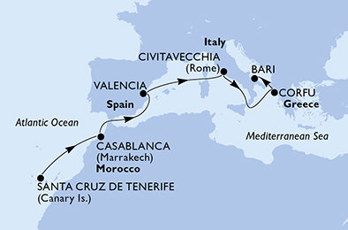 Španělsko, Maroko, Itálie, Řecko z Tenerife na lodi MSC Opera