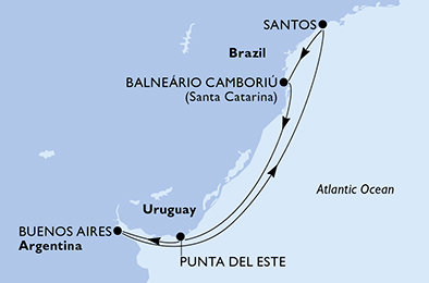 Brazílie, Uruguay, Argentina ze Santosu na lodi MSC Preziosa