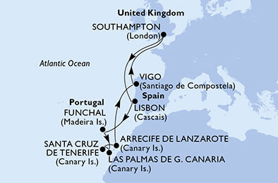 Z Anglie ke Kanárským ostrovům na lodi MSC Virtuosa