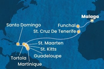 Španělsko, Portugalsko, Svatý Martin, Martinik, Guadeloupe, Svatý Kryštof a Nevis, Britské Panenské ostrovy, Dominikánská republika z Málagy na lodi Costa Fascinosa