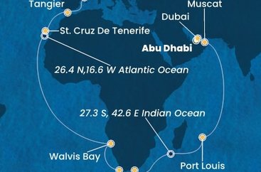 Spojené arabské emiráty, Omán, Mauricius, Jihoafrická republika, Namibie, Španělsko, Maroko z Abu Dhabi na lodi Costa Smeralda