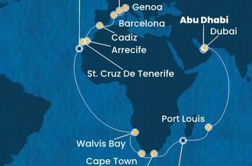 Spojené arabské emiráty, Mauricius, Jihoafrická republika, Namibie, Španělsko, Itálie, Francie z Abu Dhabi na lodi Costa Toscana